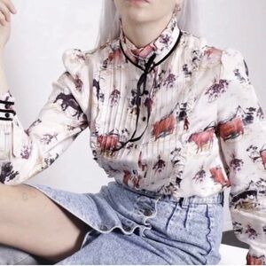 Rachel Antonoff Cream and Black Animal Print Blouse